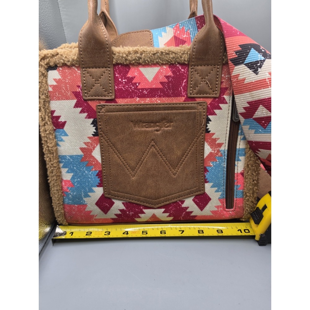 Wrangler Aztec Sherpa Southwestern Tote Crossbody Purse Western Canvas Brown - Picture 3 of 8